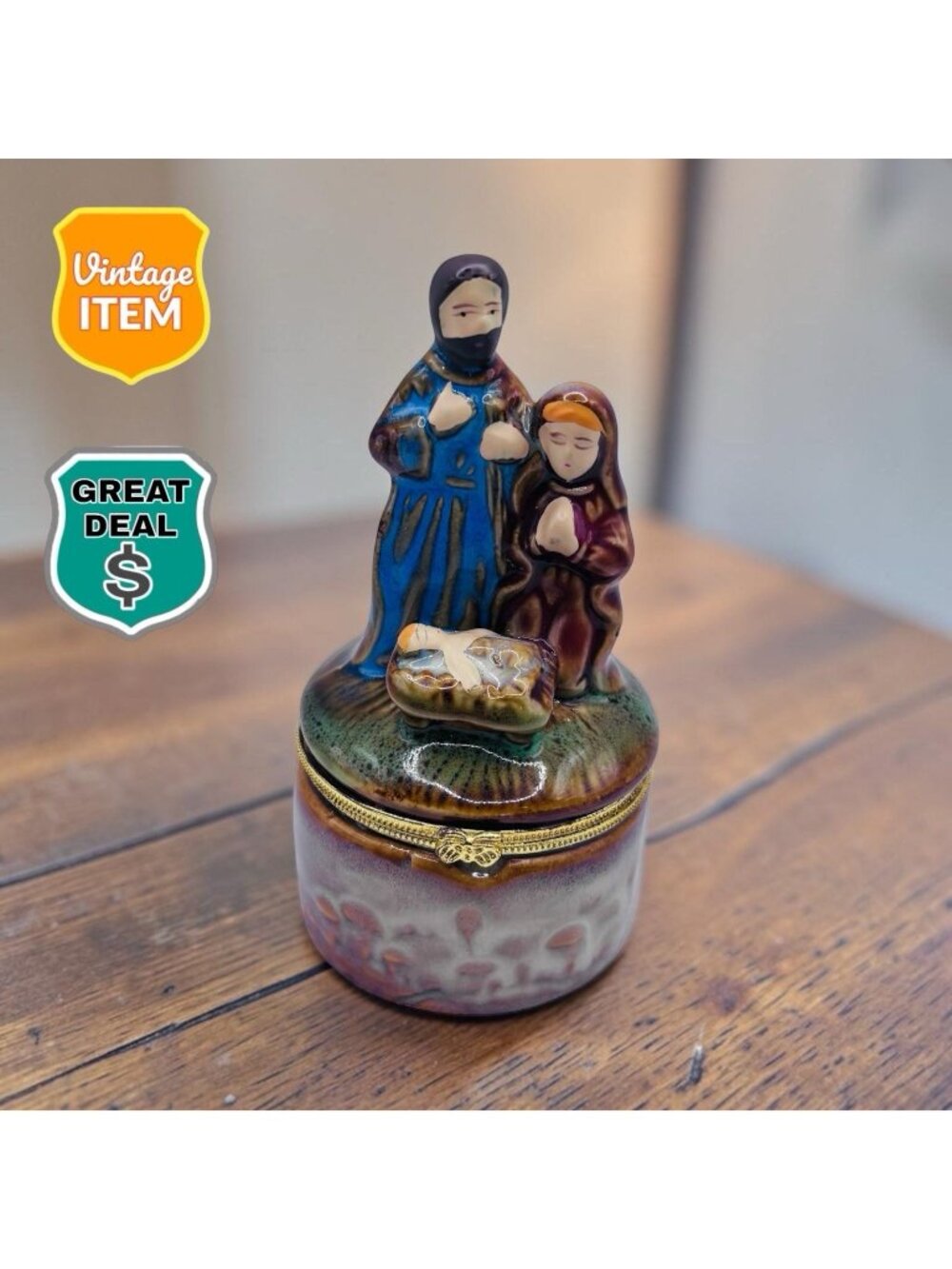 Ceramic Nativity Trinket Box Holy Family Hinged Baby Jesus Christmas Decor – 4”